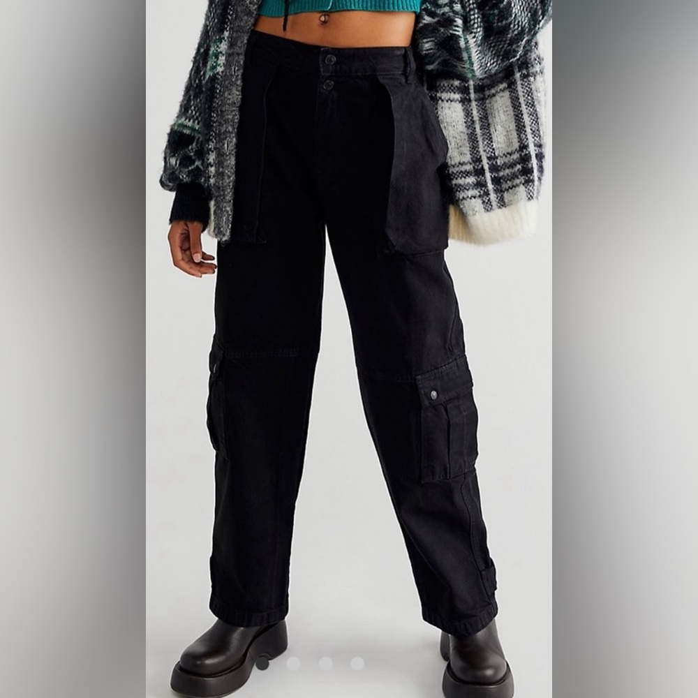 Free People Wee the Free Marx Black Slouchy Cargo Jeans,Size-28